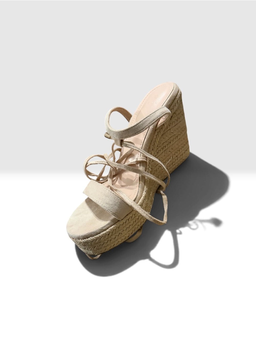 Beige Espadrille Platform Wedge Sandals with Lace-Up Straps